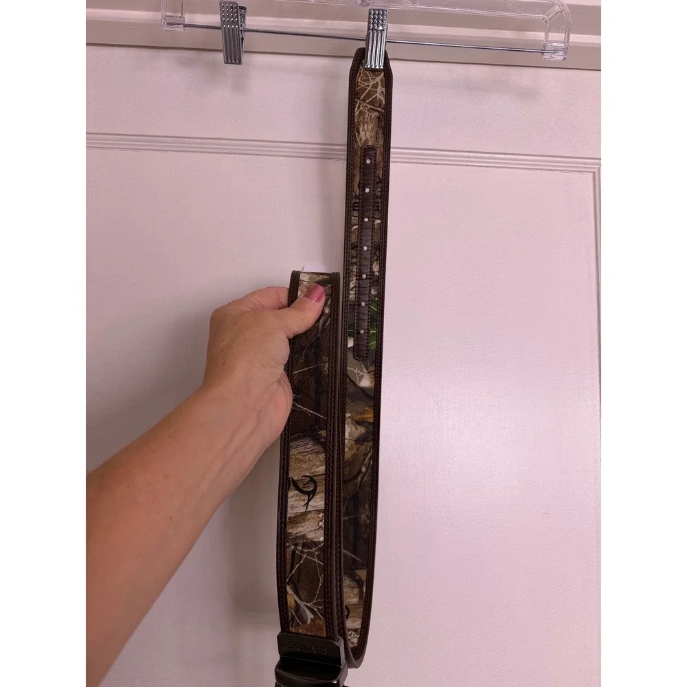 Realtree Mens Camo Reversible Belt Brown Faux Leather Trim Gunmetal Buckle 44in